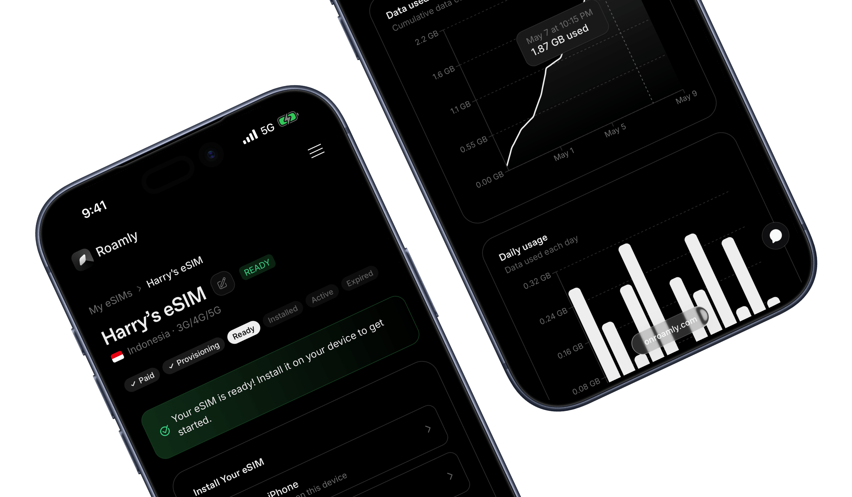 Roamly app — main eSIM screen
