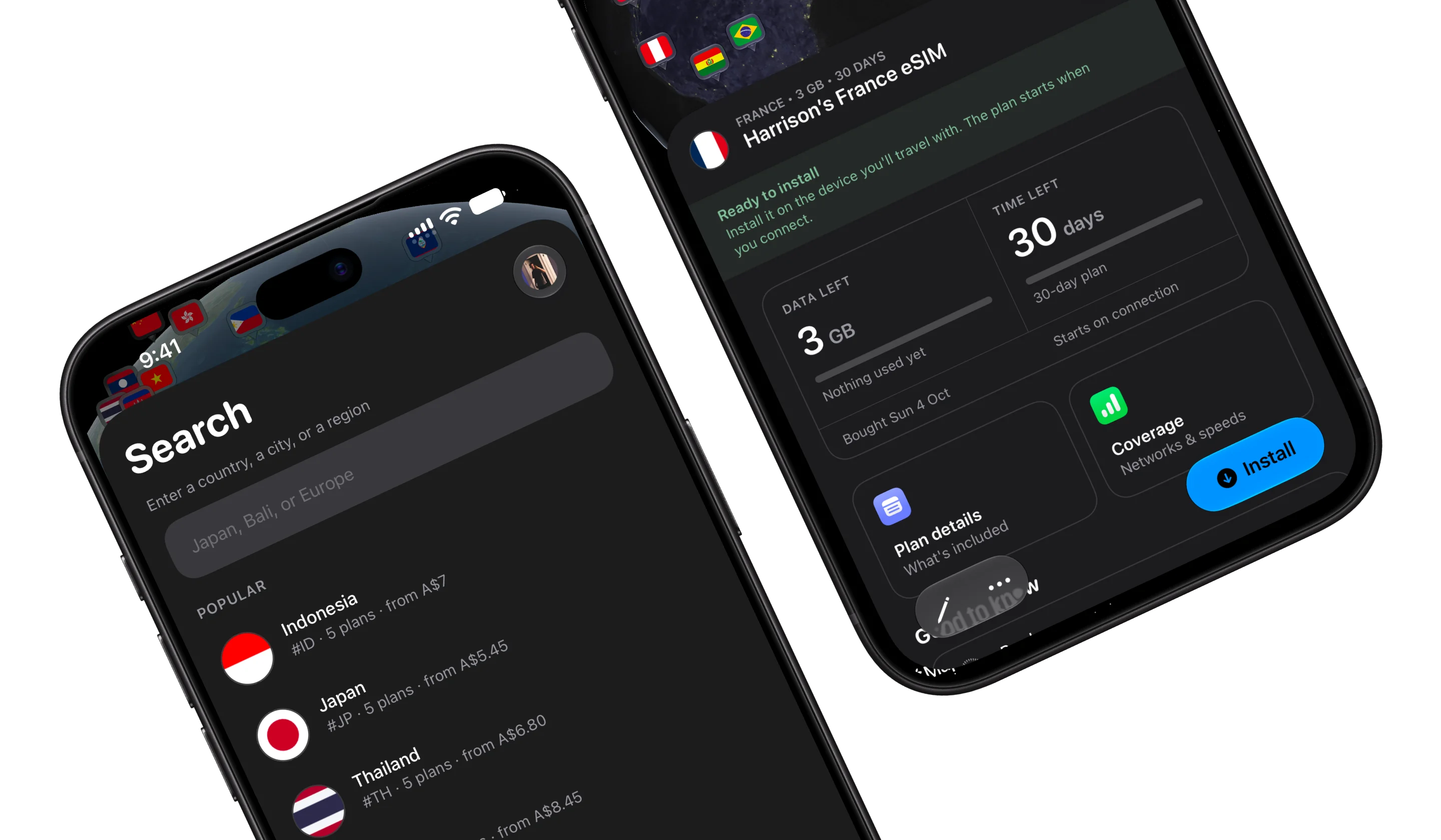 Roamly app — main eSIM screen