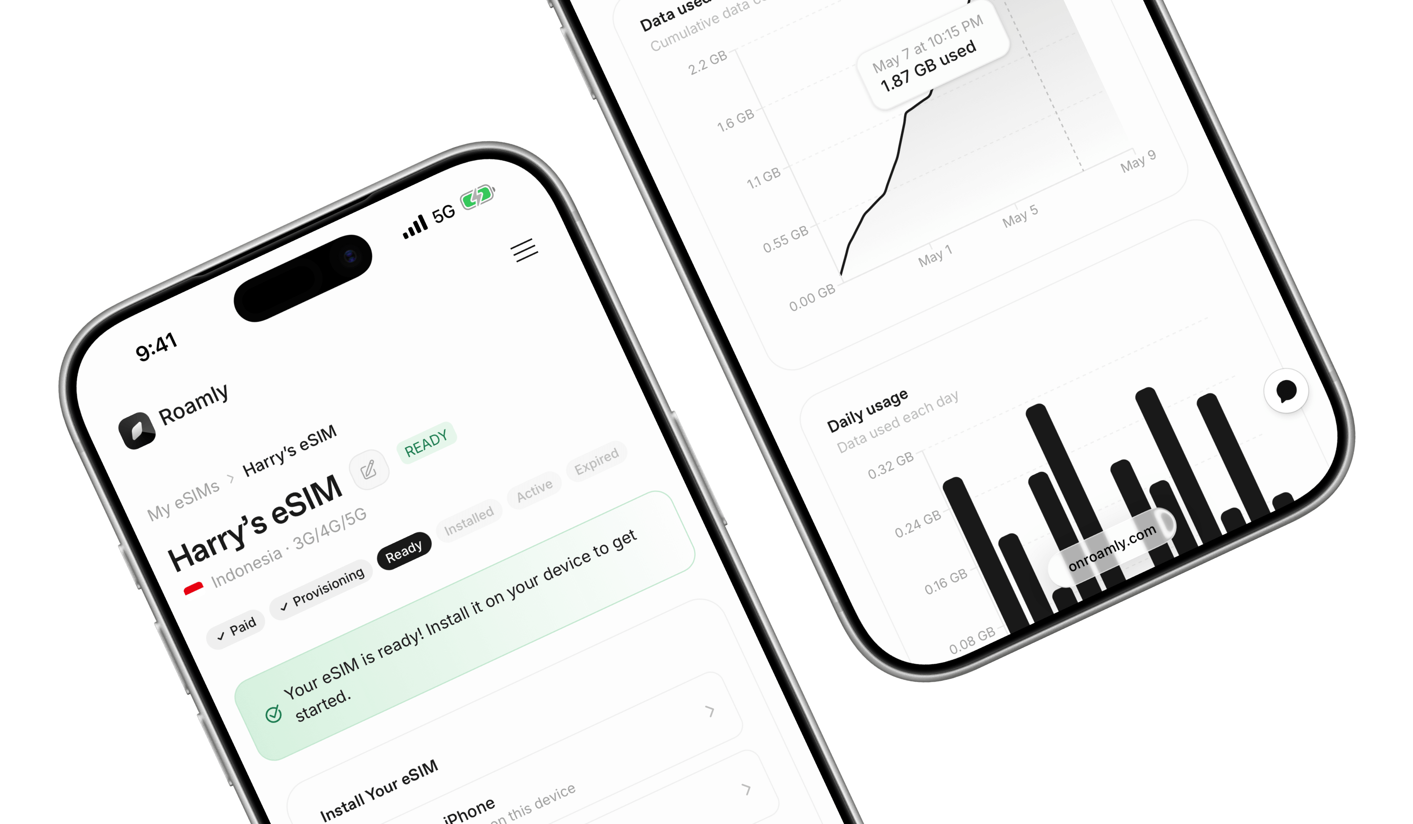 Roamly app — main eSIM screen