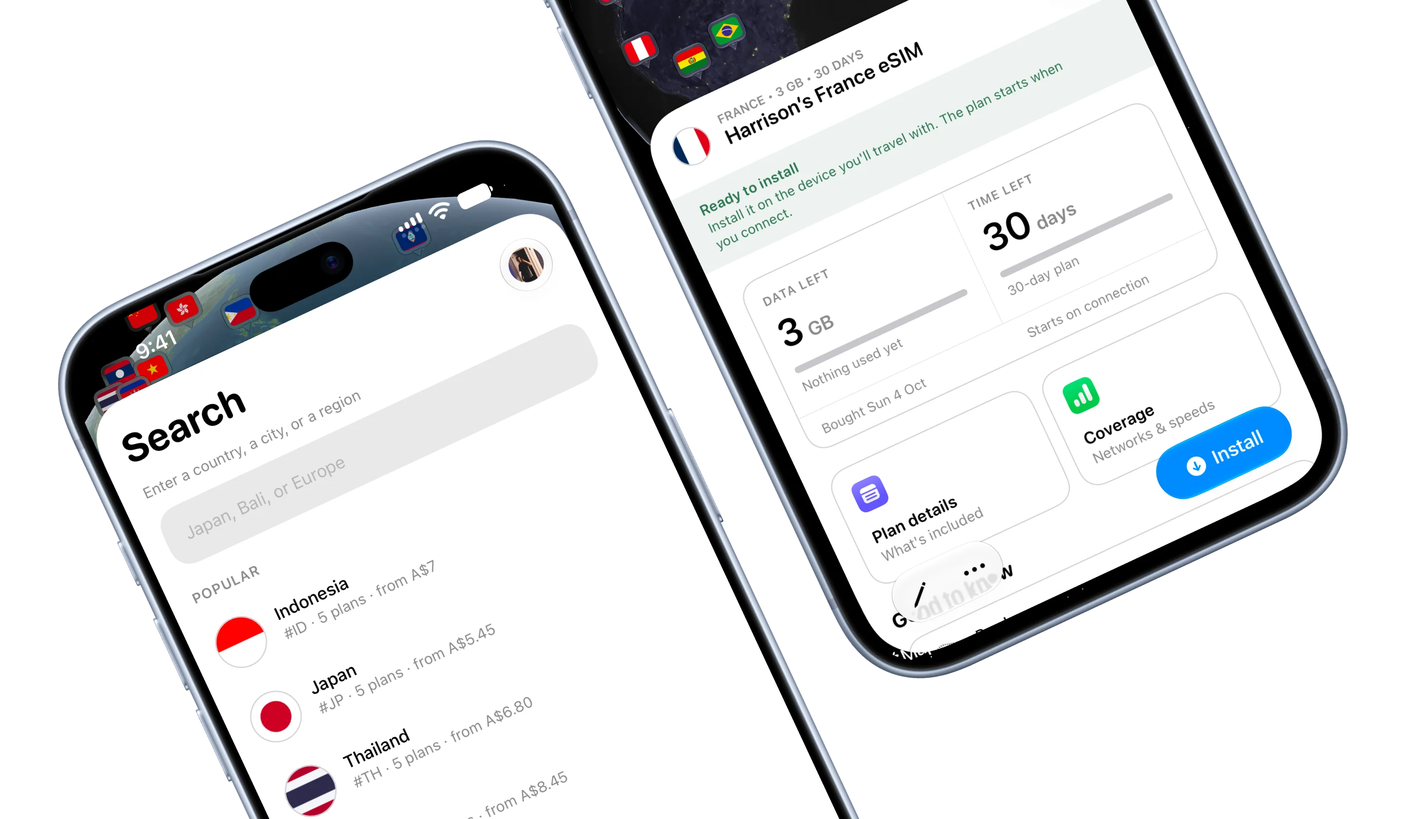 Roamly app — main eSIM screen